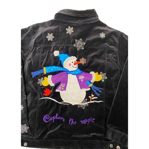 Quacker Factory Black Velvet Snowman Holiday Christmas Bling 2XL NEW Jacket VTG - Picture 3 of 9